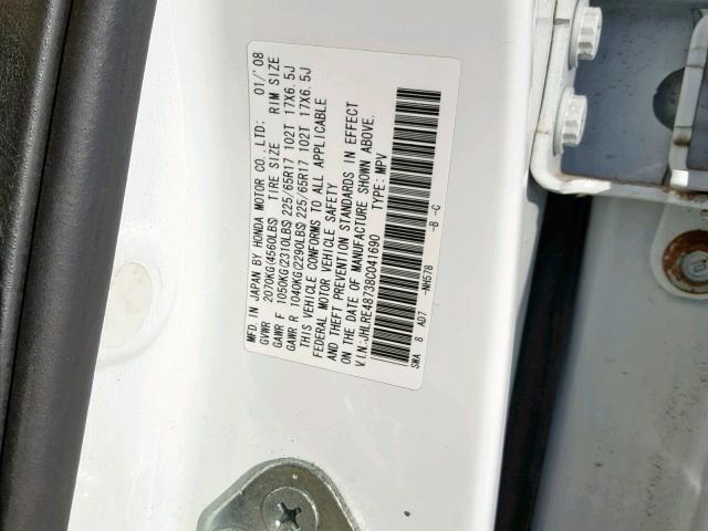 JHLRE48738C041690 - 2008 HONDA CR-V EXL WHITE photo 10