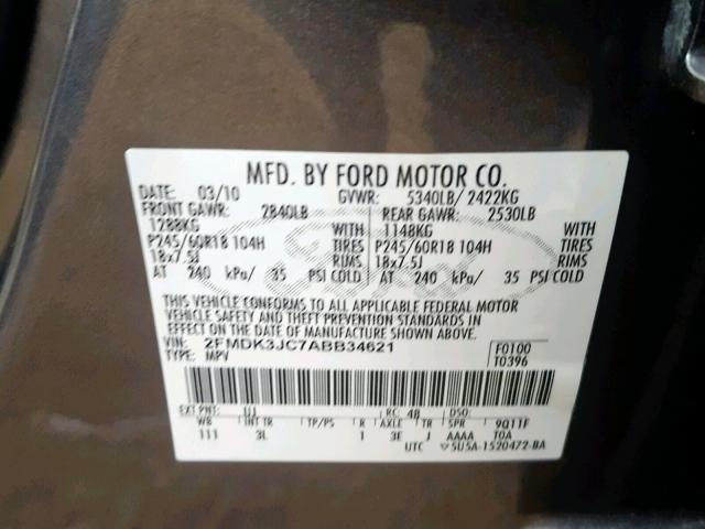 2FMDK3JC7ABB34621 - 2010 FORD EDGE SEL GRAY photo 10