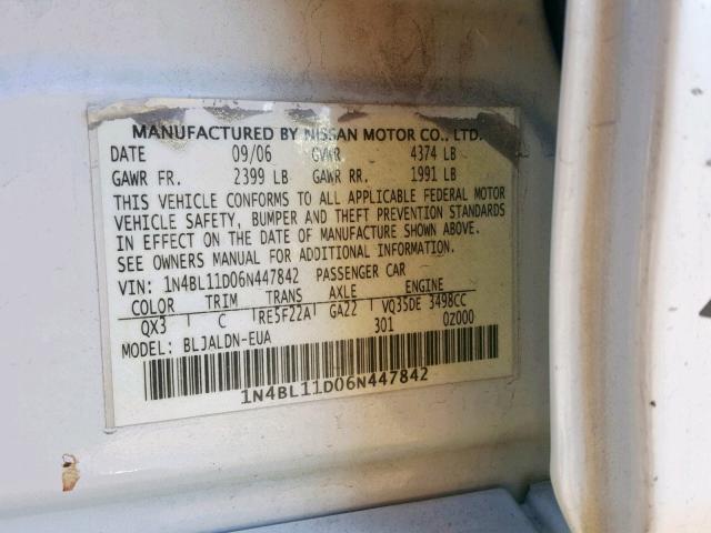 1N4BL11D06N447842 - 2006 NISSAN ALTIMA SE WHITE photo 10