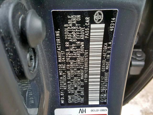 4T1BK1EB9HU261761 - 2017 TOYOTA AVALON XLE GRAY photo 10