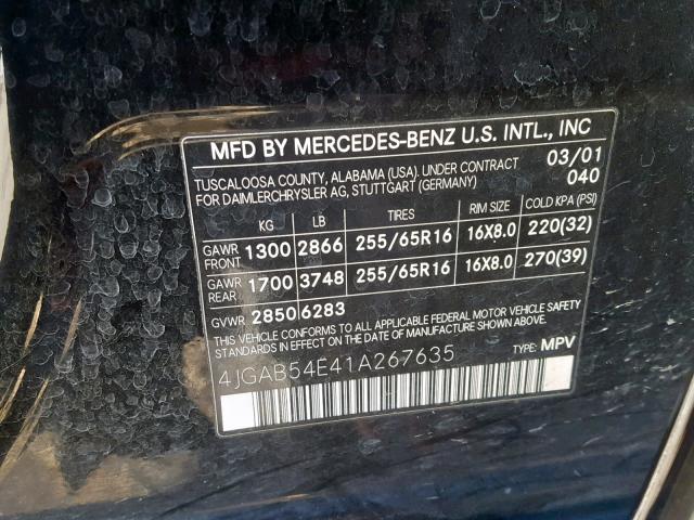 4JGAB54E41A267635 - 2001 MERCEDES-BENZ ML 320 BLACK photo 10