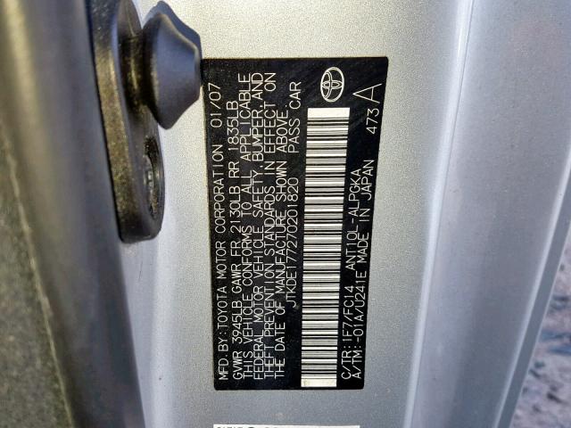 JTKDE177270201820 - 2007 TOYOTA SCION TC 银色 照片 10