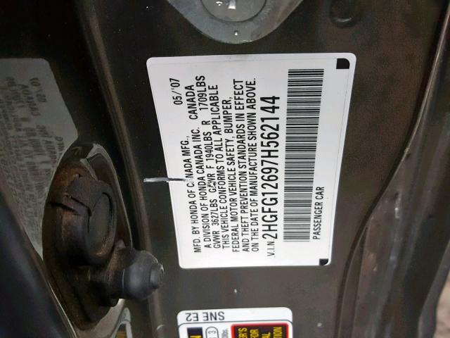 2HGFG12697H562144 - 2007 HONDA CIVIC LX GRAY photo 10