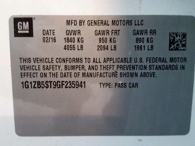 1G1ZB5ST9GF235941 - 2016 CHEVROLET MALIBU LS WHITE photo 10