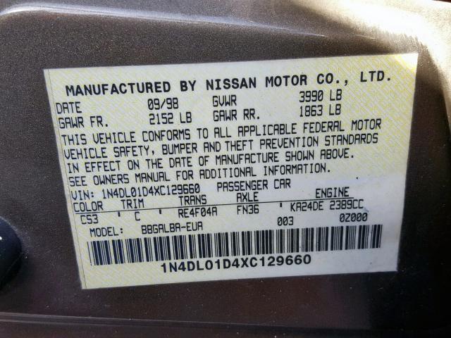 1N4DL01D4XC129660 - 1999 NISSAN ALTIMA XE BEIGE photo 10