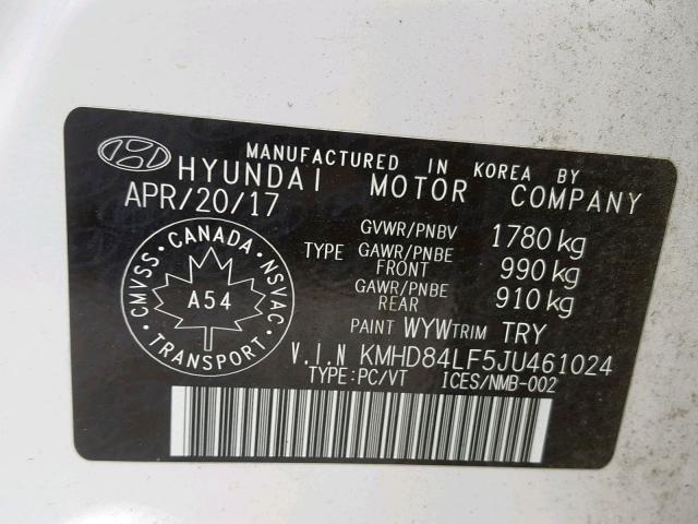 KMHD84LF5JU461024 - 2018 HYUNDAI ELANTRA SE WHITE photo 10