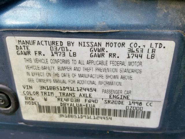 3N1BB51D91L124454 - 2001 NISSAN SENTRA SE BLUE photo 10