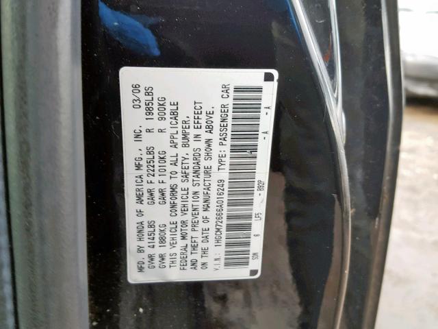 1HGCM72666A016249 - 2006 HONDA ACCORD EX BLACK photo 10