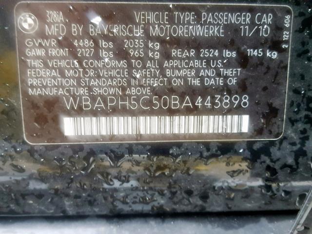 WBAPH5C50BA443898 - 2011 BMW 328 I SULE BLACK photo 10