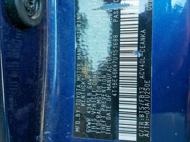 4T1BE46K47U151688 - 2007 TOYOTA CAMRY NEW BLUE photo 10