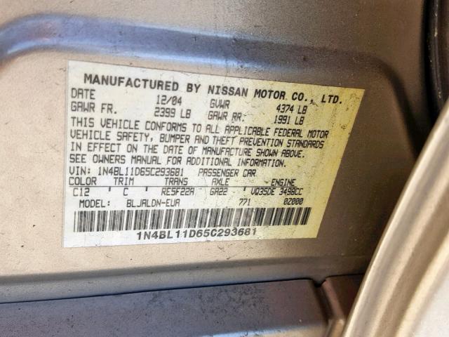 1N4BL11D65C293681 - 2005 NISSAN ALTIMA SE GOLD photo 10