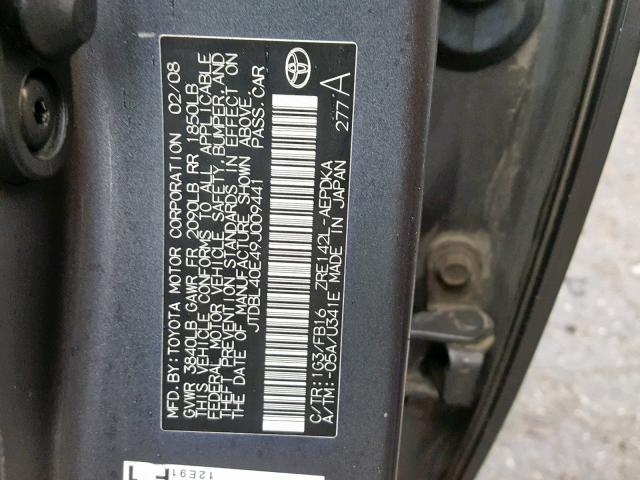 JTDBL40E49J009441 - 2009 TOYOTA COROLLA BA 灰色 照片 10