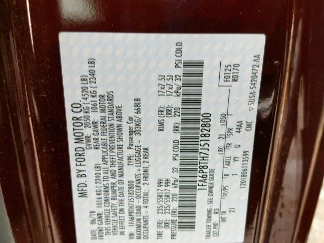 1FA6P8TH7J5182800 - 2018 FORD MUSTANG 勃艮第红 照片 10