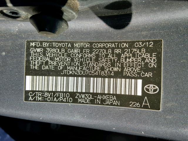 JTDKN3DU7C5418314 - 2012 TOYOTA PRIUS CHARCOAL photo 10