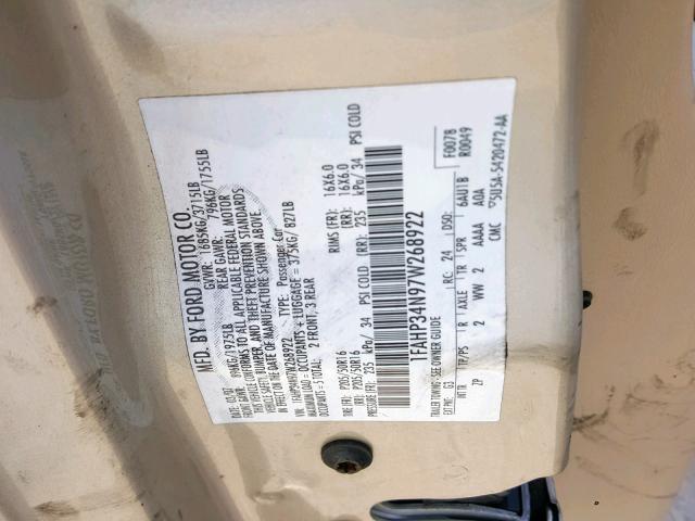 1FAHP34N97W268922 - 2007 FORD FOCUS ZX4 GOLD photo 10