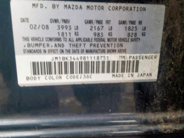 JM1BK344981118751 - 2008 MAZDA 3 HATCHBAC GRAY photo 10