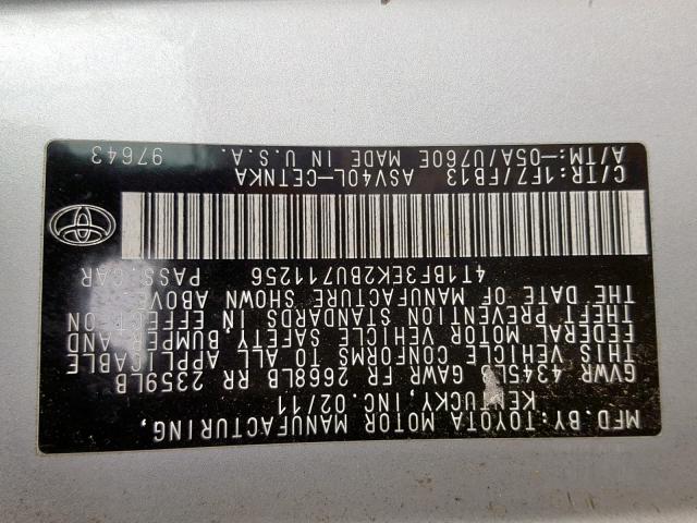 4T1BF3EK2BU711256 - 2011 TOYOTA CAMRY BASE SILVER photo 10