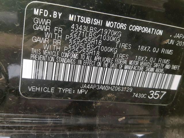 JA4AP3AW3HZ063129 - 2017 MITSUBISHI OUTLANDER BLACK photo 10