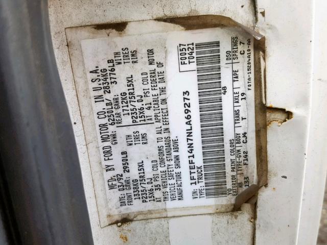 1FTEF14N7NLA69273 - 1992 FORD F150 WHITE photo 10