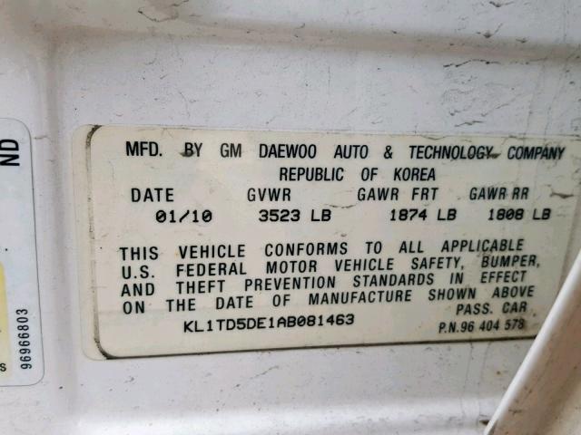 KL1TD5DE1AB081463 - 2010 CHEVROLET AVEO LS WHITE photo 10