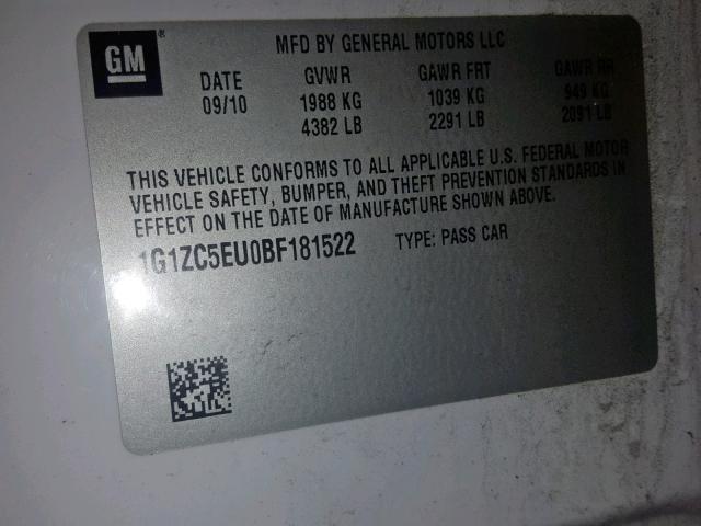 1G1ZC5EU0BF181522 - 2011 CHEVROLET MALIBU 1LT WHITE photo 10