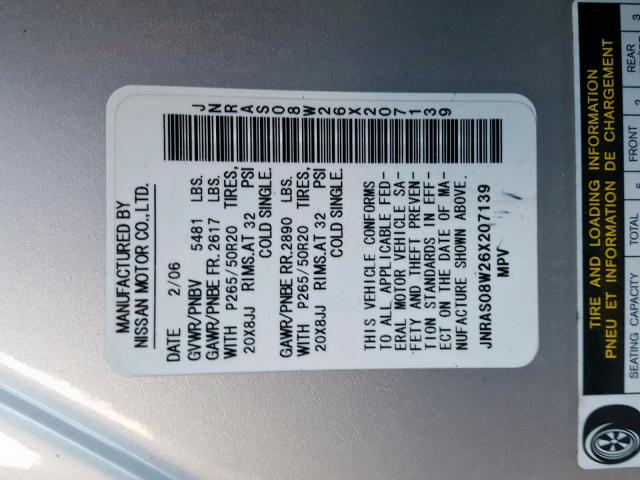 JNRAS08W26X207139 - 2006 INFINITI FX35 ვერცხლისფერი ფოტო 10