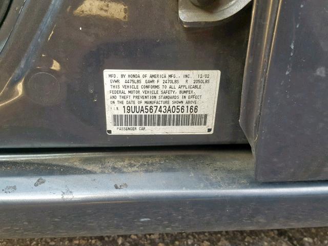 19UUA56743A056166 - 2003 ACURA 3.2TL CHARCOAL photo 10