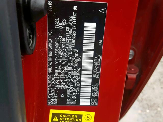 2T2BK1BA1AC039892 - 2010 LEXUS RX 350 RED photo 10