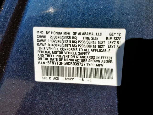 5FNYF3H59CB039727 - 2012 HONDA PILOT EXL BLUE photo 10