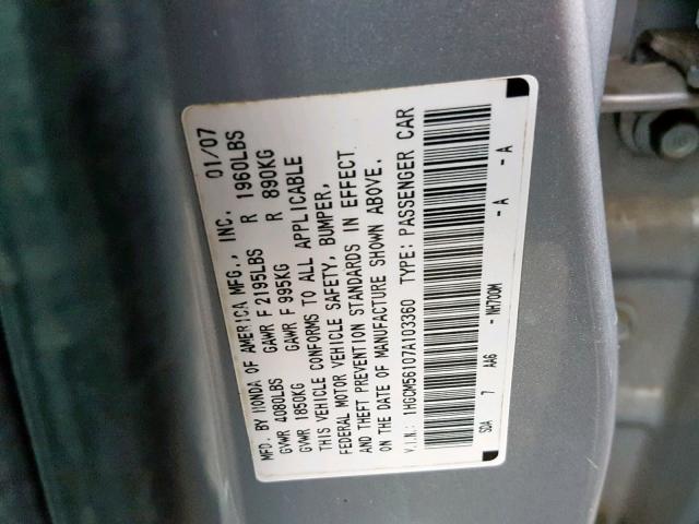 1HGCM56107A103360 - 2007 HONDA ACCORD VAL GRAY photo 10