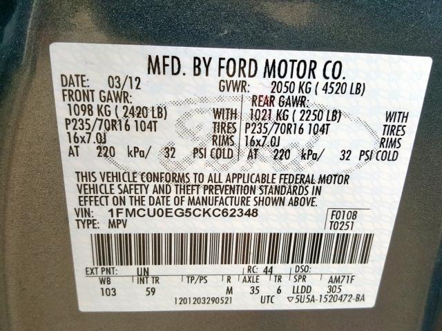 1FMCU0EG5CKC62348 - 2012 FORD ESCAPE LIM BLUE photo 10