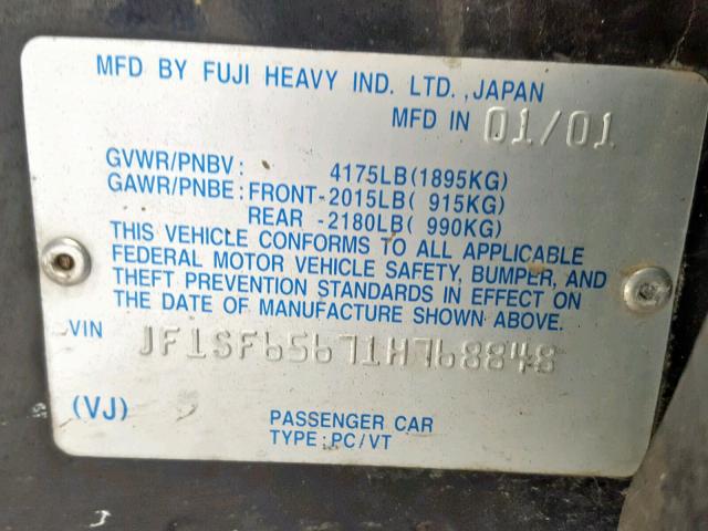 JF1SF65671H768848 - 2001 SUBARU FORESTER S BLACK photo 10