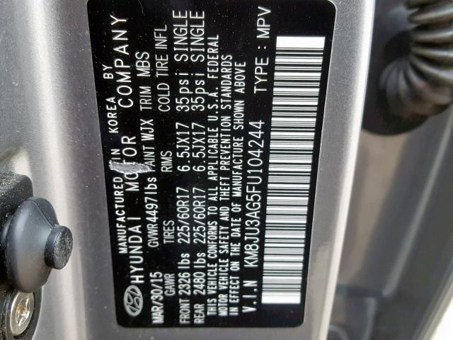 KM8JU3AG5FU104244 - 2015 HYUNDAI TUCSON LIM GRAY photo 10