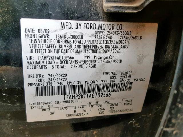 1FAHP2KT1AG109566 - 2010 FORD TAURUS SHO BLACK photo 10