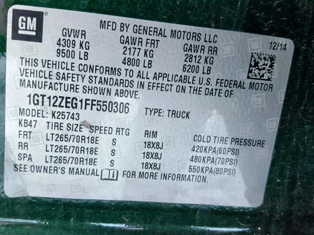 1GT12ZEG1FF550306 - 2015 GMC SIERRA K25 绿色 照片 10