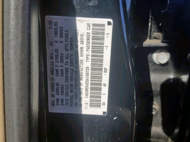 1HGCM55455A168729 - 2005 HONDA ACCORD LX BLACK photo 10