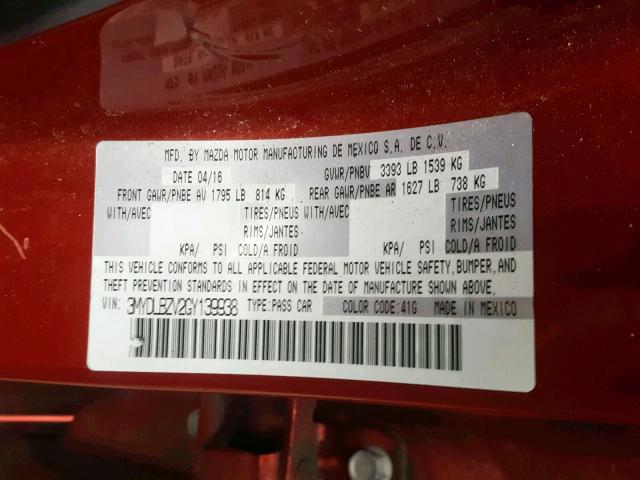 3MYDLBZV2GY139938 - 2016 TOYOTA SCION IA RED photo 10