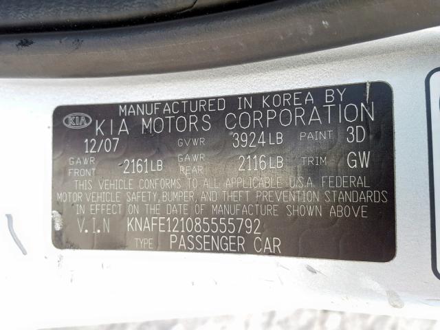 KNAFE121085555792 - 2008 KIA SPECTRA EX SILVER photo 10