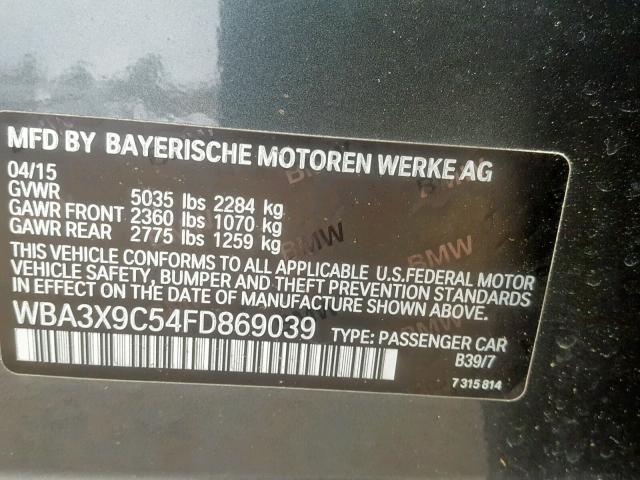 WBA3X9C54FD869039 - 2015 BMW 335 XIGT CHARCOAL photo 10