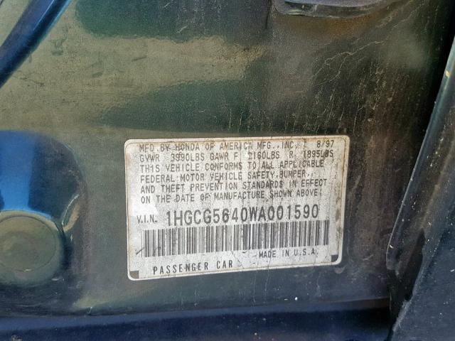 1HGCG5640WA001590 - 1998 HONDA ACCORD LX GREEN photo 10