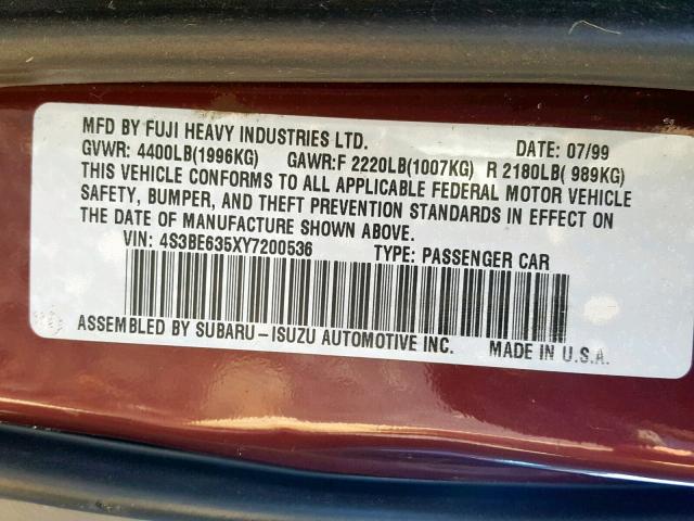 4S3BE635XY7200536 - 2000 SUBARU LEGACY L BURGUNDY photo 10