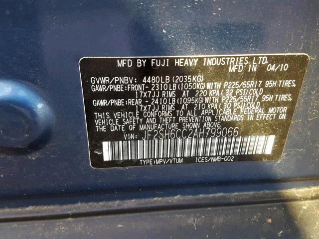 JF2SH6CC2AH799066 - 2010 SUBARU FORESTER 2 GRAY photo 10