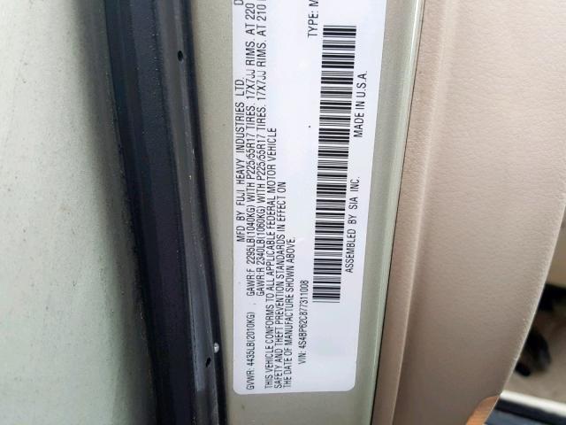 4S4BP62C877311008 - 2007 SUBARU LEGACY OUT TAN photo 10