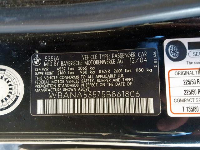 WBANA53575B861806 - 2005 BMW 525 I BLACK photo 10