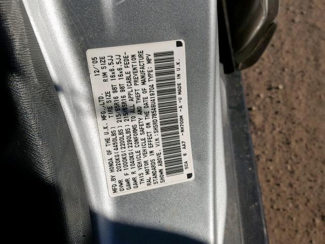 SHSRD78546U419704 - 2006 HONDA CR-V LX SILVER photo 10