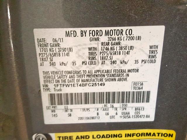 1FTFW1ET4BFC25149 - 2011 FORD F150 SUPER GRAY photo 10