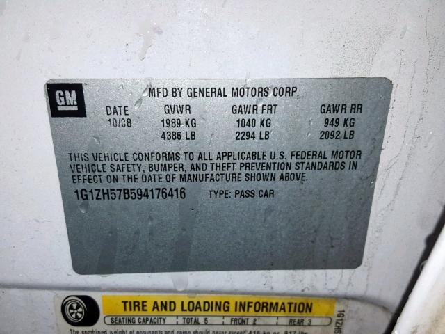 1G1ZH57B594176416 - 2009 CHEVROLET MALIBU 1LT WHITE photo 10