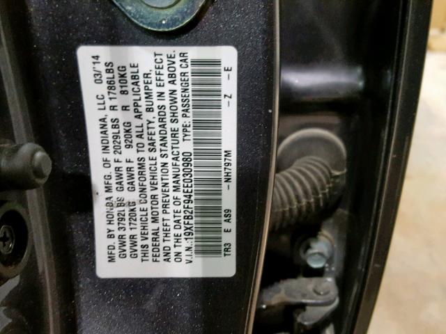 19XFB2F94EE030980 - 2014 HONDA CIVIC EXL GRAY photo 10