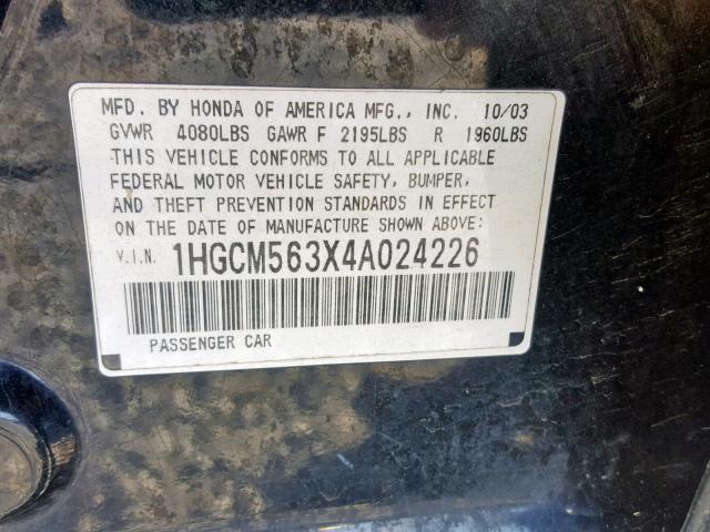 1HGCM563X4A024226 - 2004 HONDA ACCORD LX BLUE photo 10