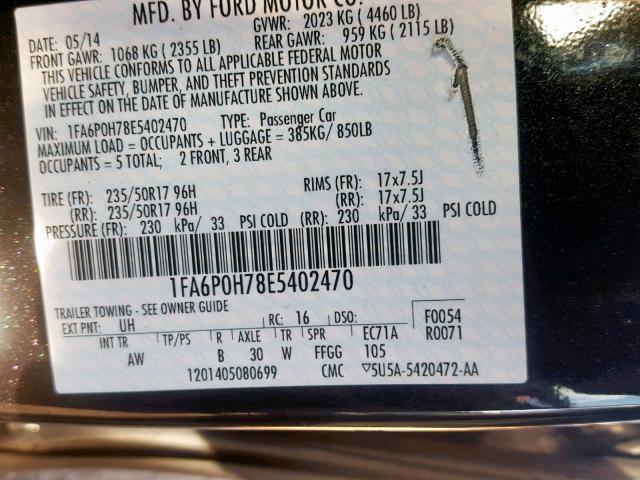 1FA6P0H78E5402470 - 2014 FORD FUSION SE BLACK photo 10